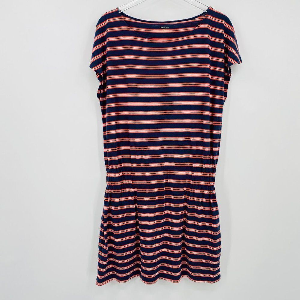 Garnet Hill Size 14 Blue & Red Striped Short Sleeve Drop Waist Cotton Dress